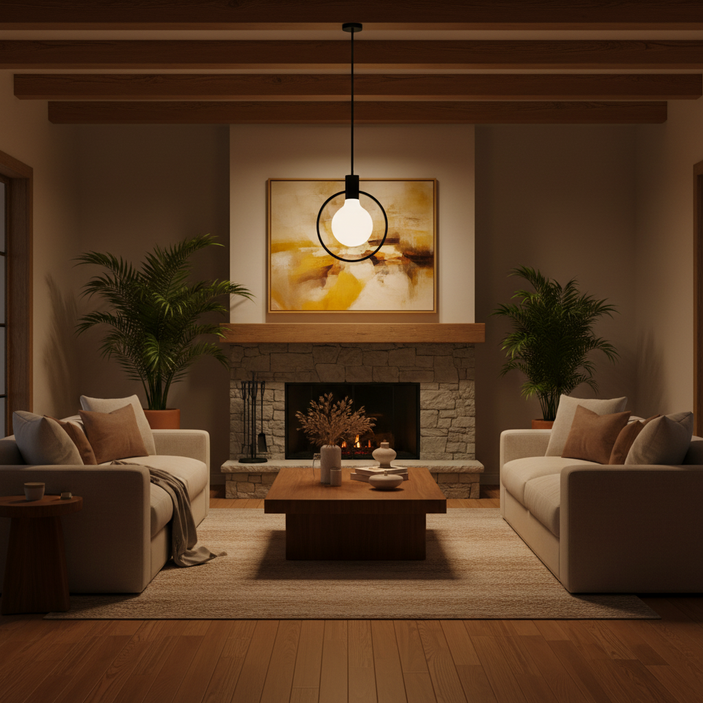 Cozy living room with a fireplace, couches, and decorative elements.