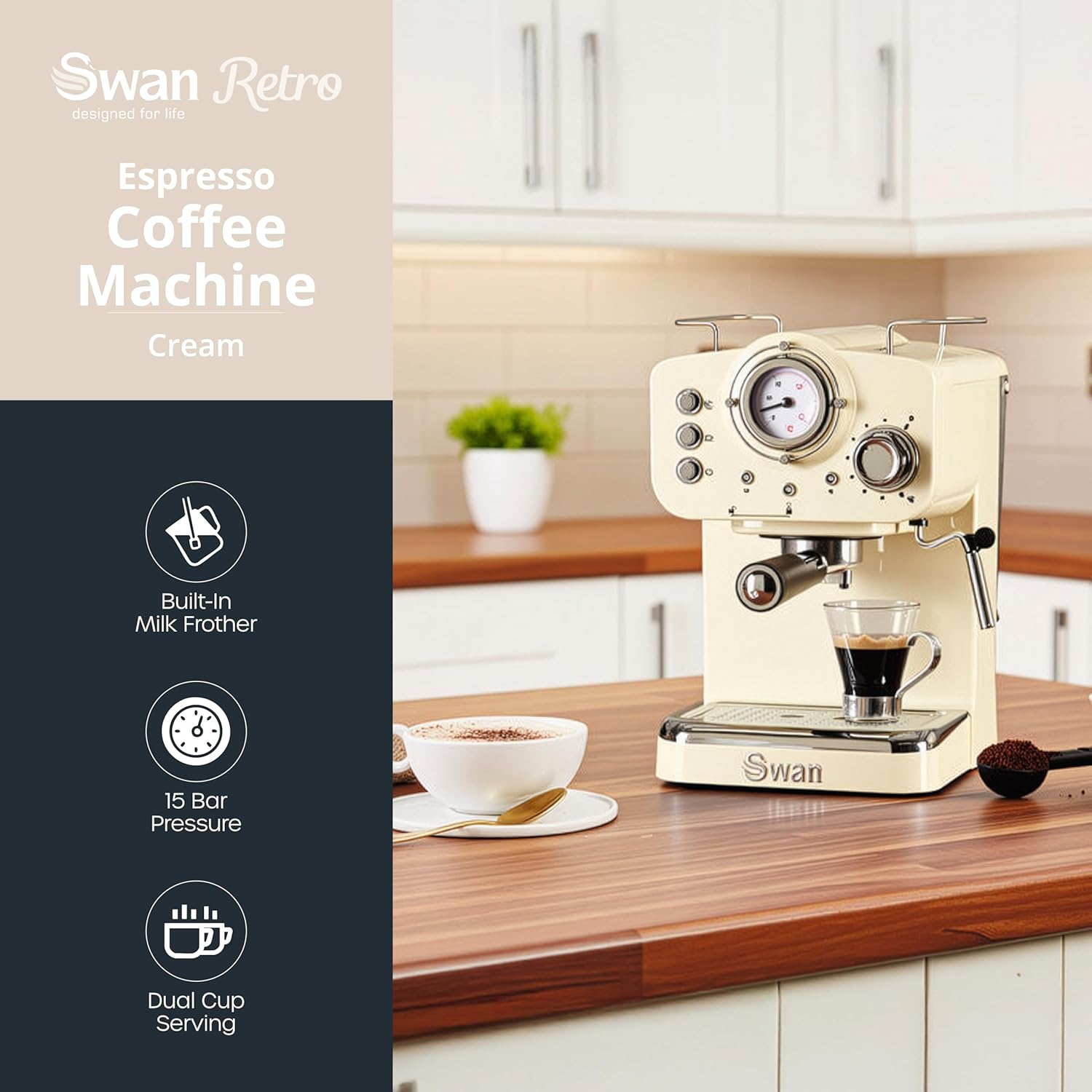 Cream-colored Swan Retro espresso coffee machine on a kitchen counter with a cup of coffee and milk frother.