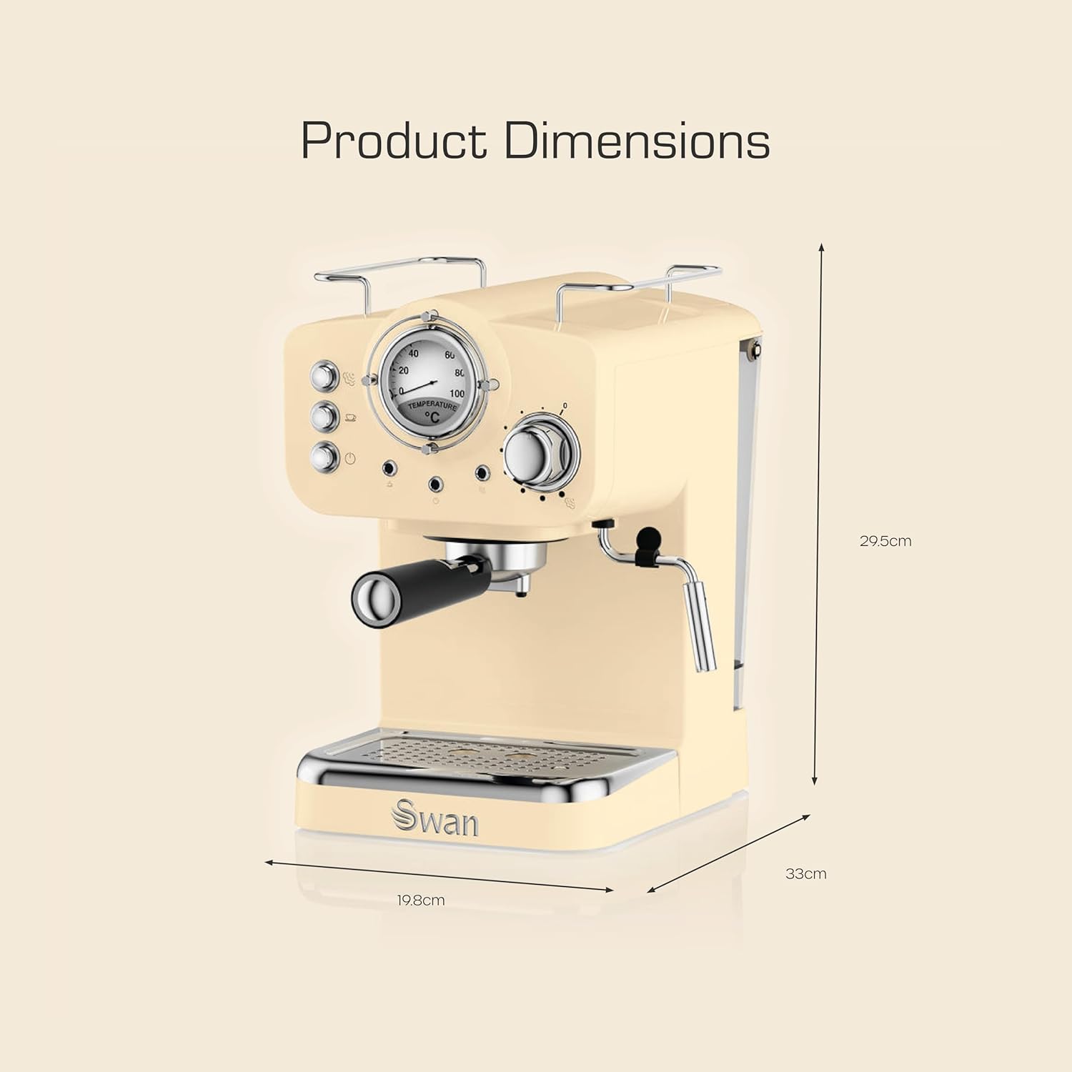 Cream-colored Swan espresso machine with dimensions on a beige background