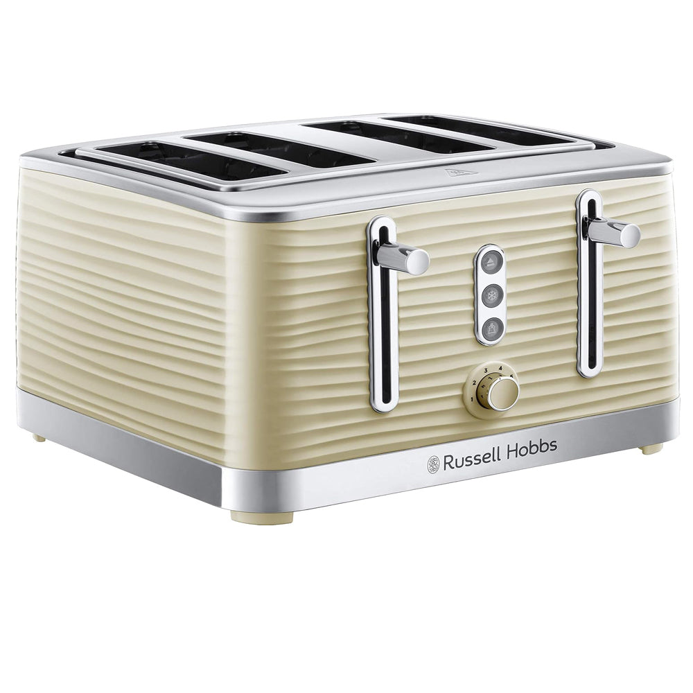 Cream-colored toaster with metallic accents on a white background