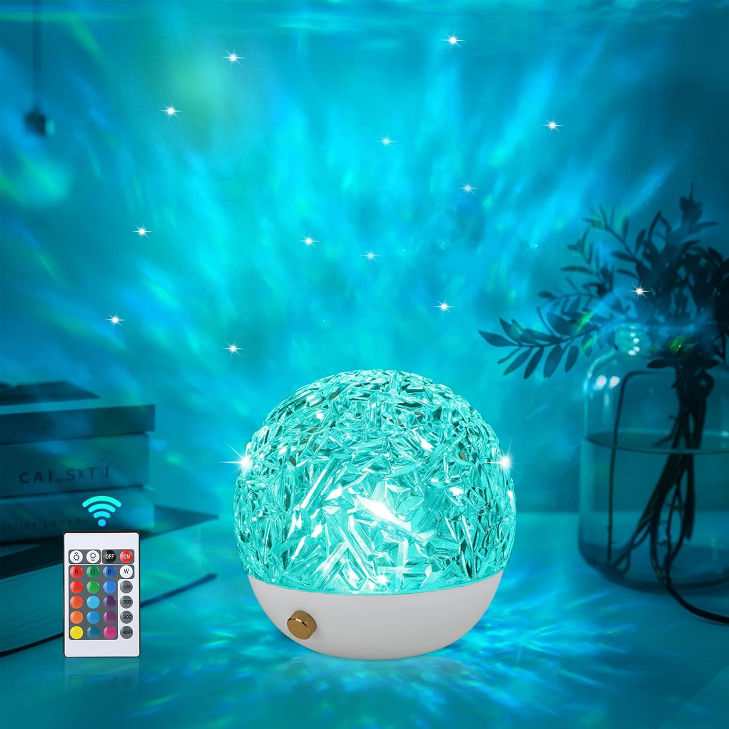 Crystal-like night light with remote control on a table with a blurred background