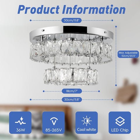 Crystal chandelier with product information on a blurred background