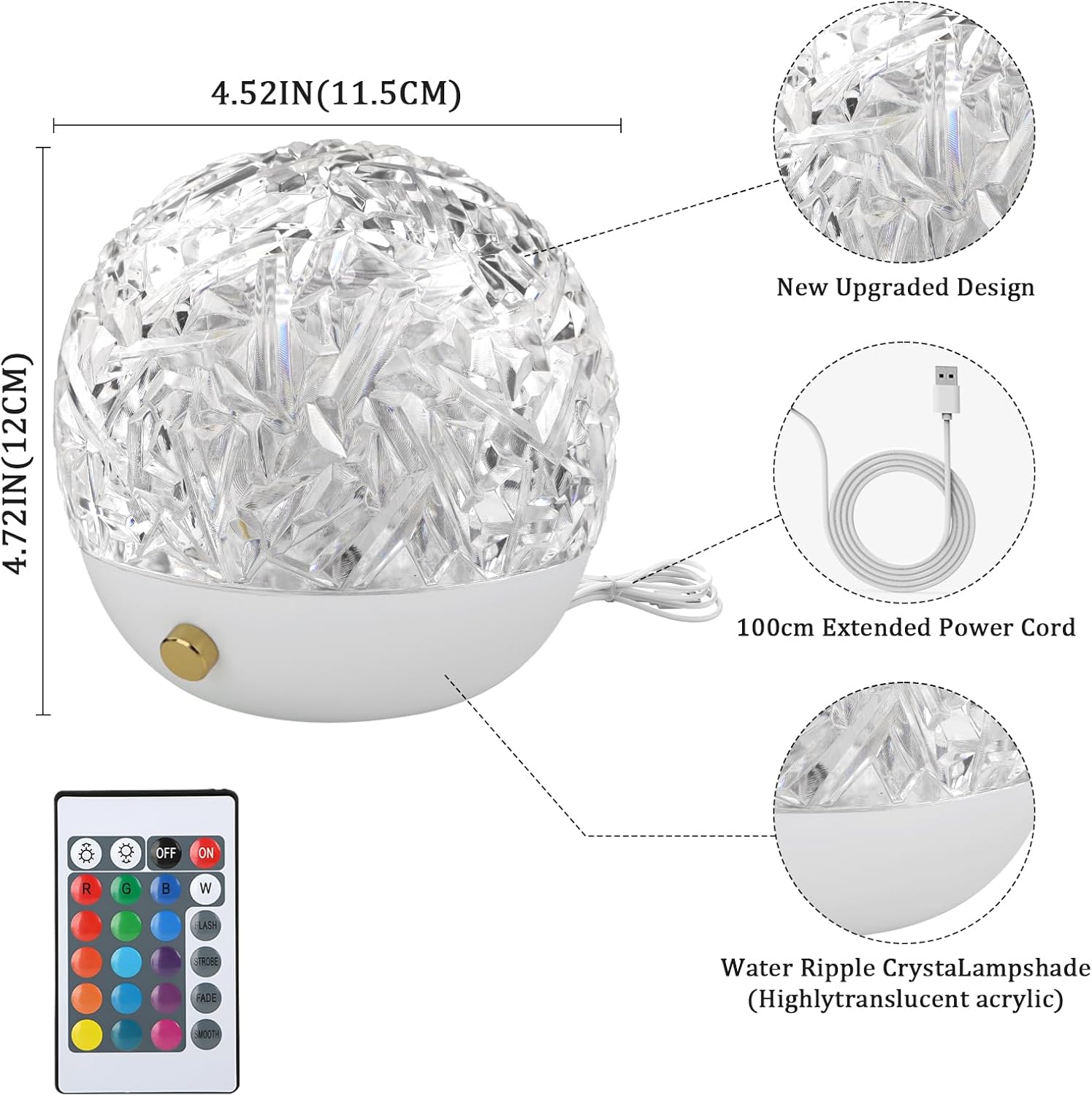 Crystal lampshade with dimensions, features, and remote control illustration on a white background