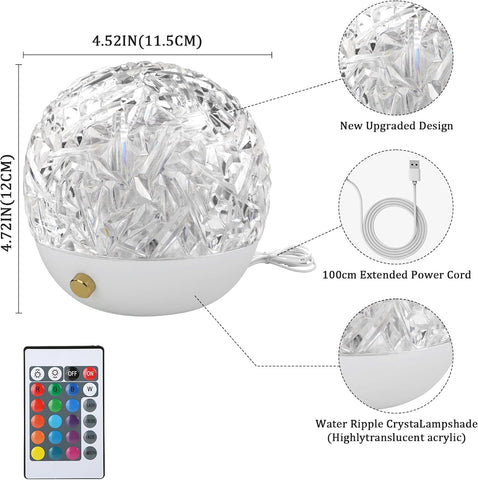 Crystal lampshade with dimensions, features, and remote control illustration on a white background