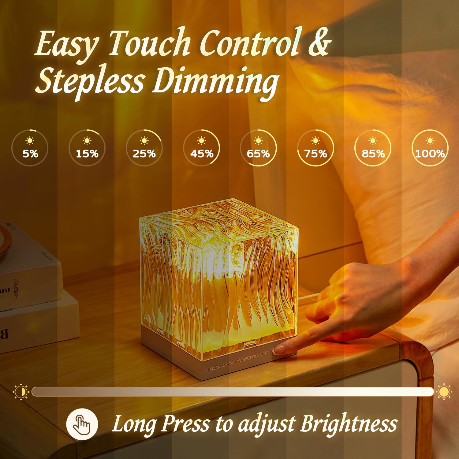 Cube-shaped night light with touch control and stepless dimming feature on a wooden surface.