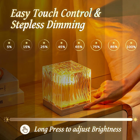 Cube-shaped night light with touch control and stepless dimming feature on a wooden surface.