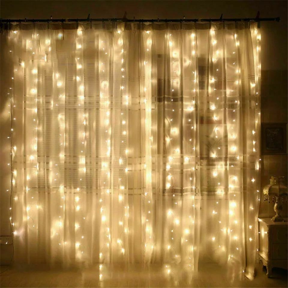 LED fairy lights draped over a wall for party decor


