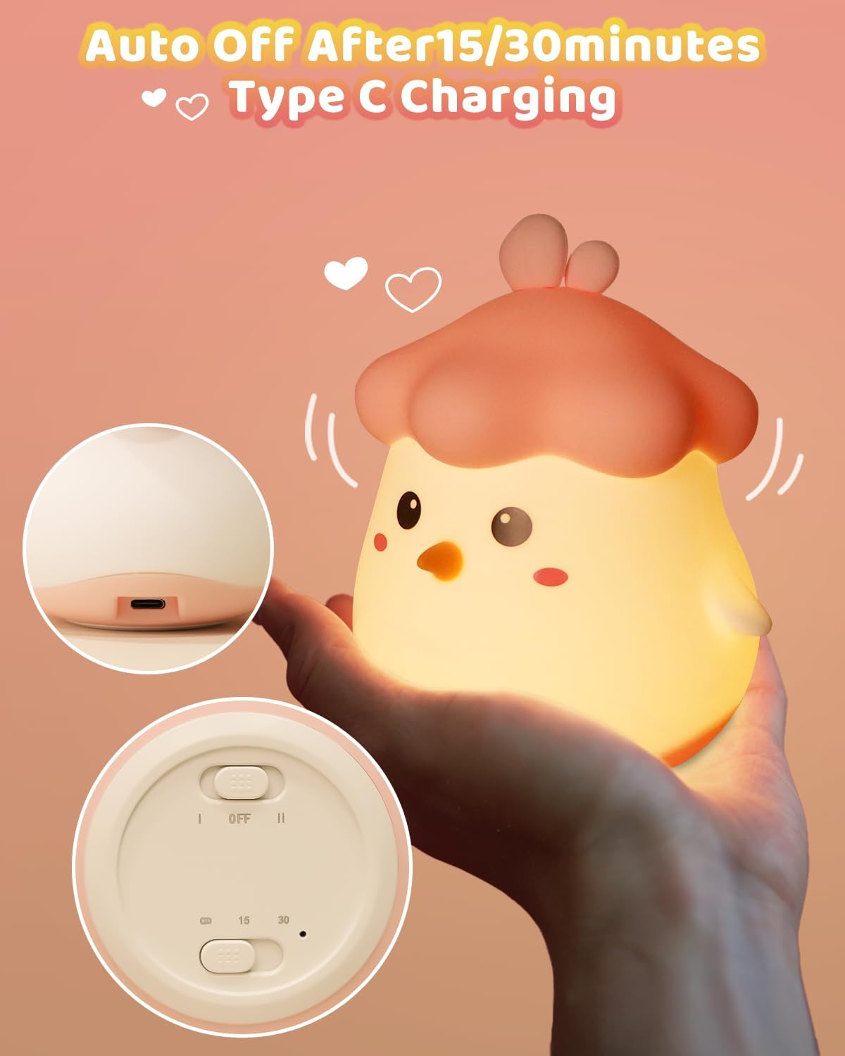 Cute chicken-shaped night light with charging port and auto-off feature on a pink background