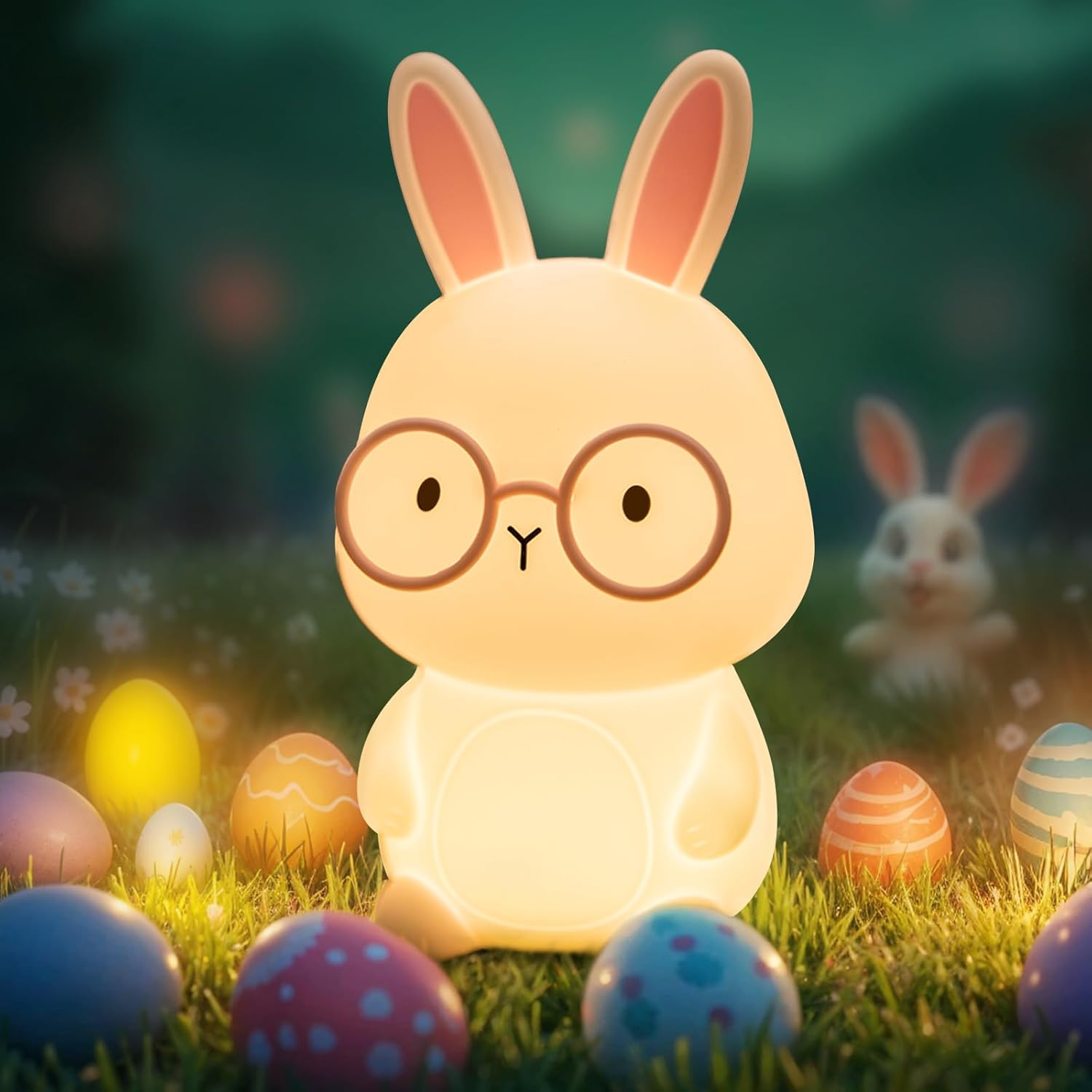 Cute rabbit-shaped lamp with glasses surrounded by Easter eggs in a grassy field.