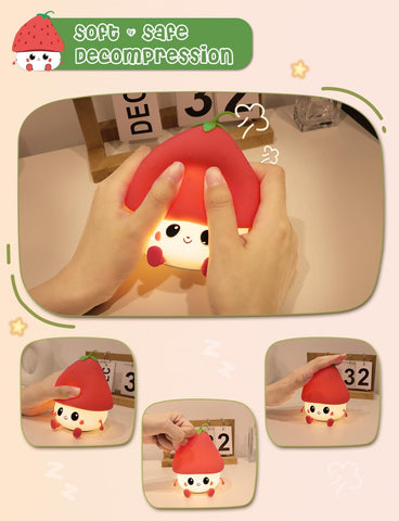 Cute strawberry-shaped night light held by a hand with additional views of the product.