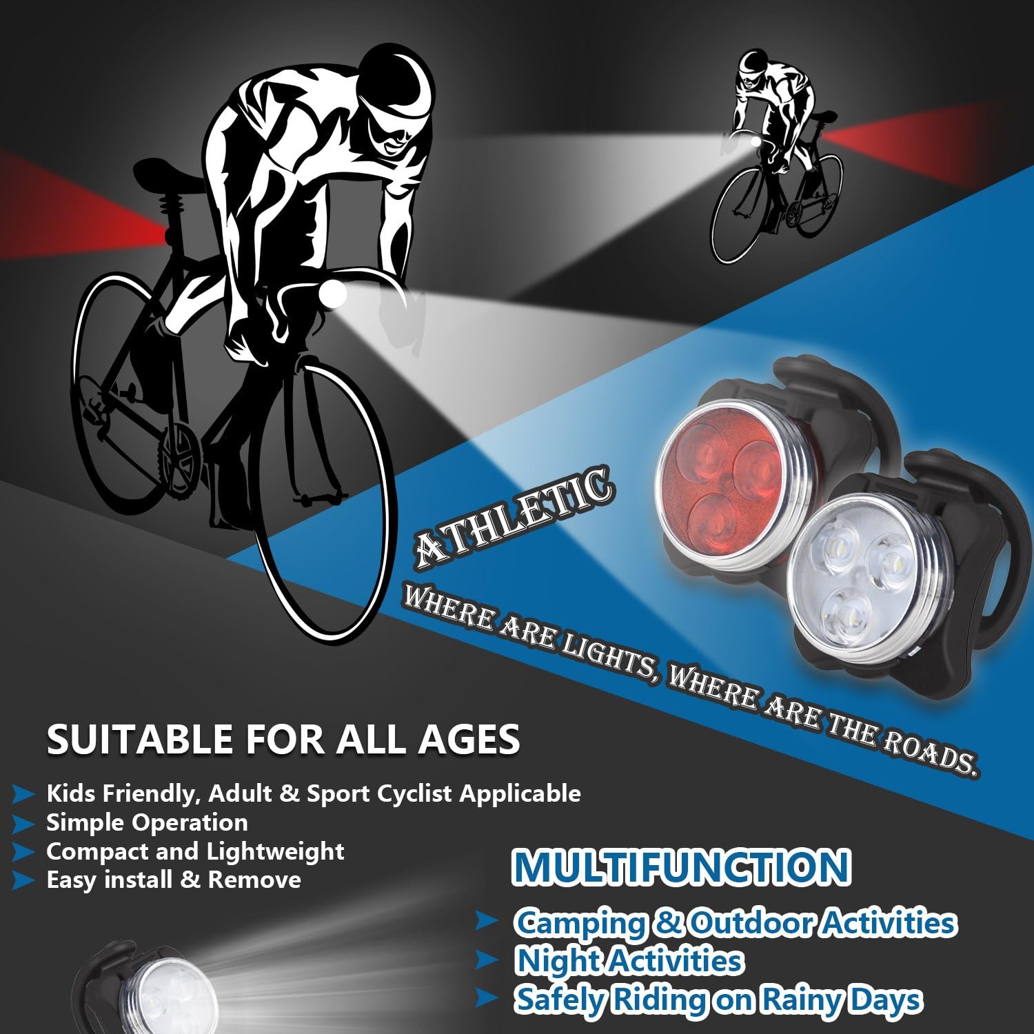 Cycling lights with a cyclist illustration and product features on a dark background