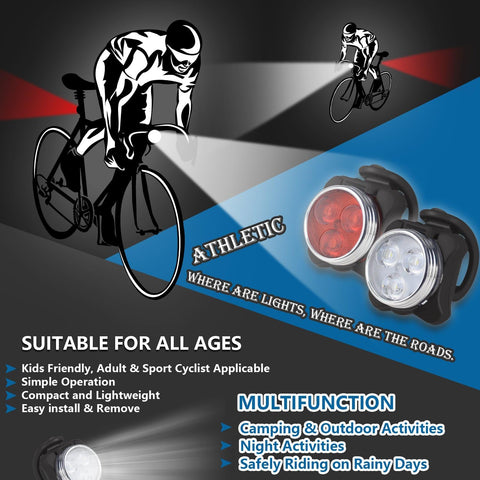 Cycling lights with a cyclist illustration and product features on a dark background