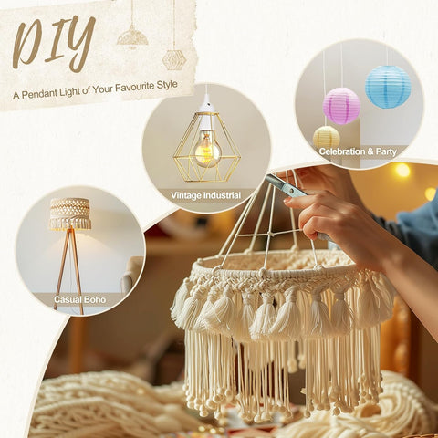 DIY pendant light project with various styles and a hand holding a completed light fixture.