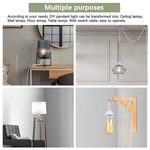 DIY pendant light transforming into ceiling, wall, floor, and table lamps with switch cable.