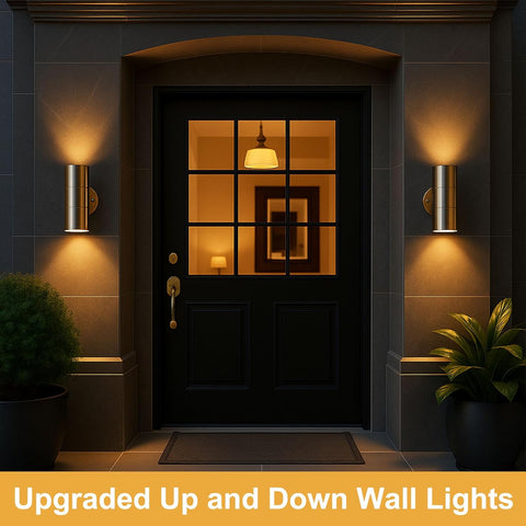 Dark door with wall lights on a dark wall, text 'Upgraded Up and Down Wall Lights'.