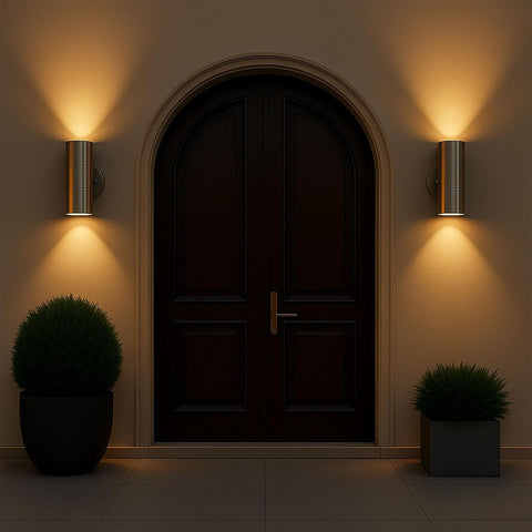 Dark wooden door with wall lights and potted plants on a dark background