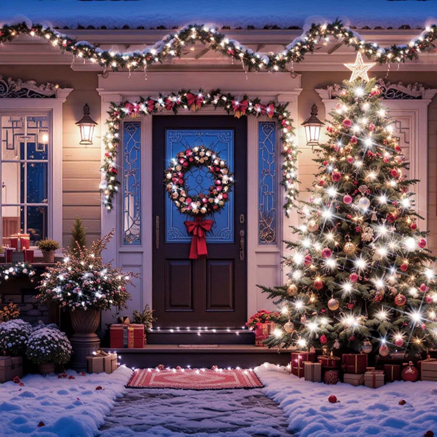 Decorated Christmas front porch with lights, wreath, and tree.