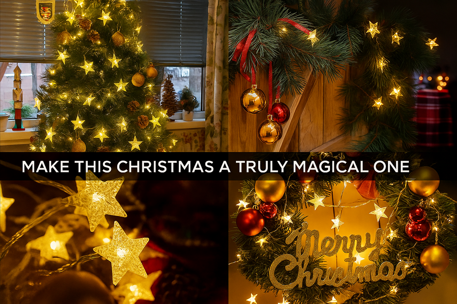 Decorated Christmas tree and wreath with lights and ornaments, text overlay 'Make this Christmas a truly magical one'.