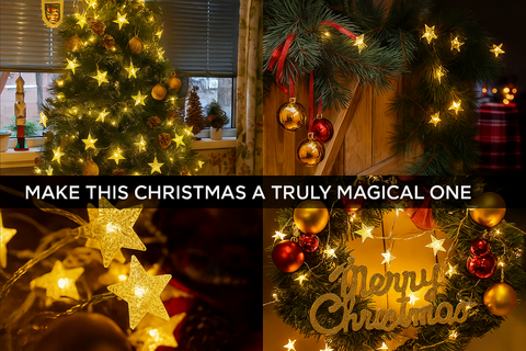 Decorated Christmas tree and wreath with lights and ornaments, text overlay 'Make this Christmas a truly magical one'.