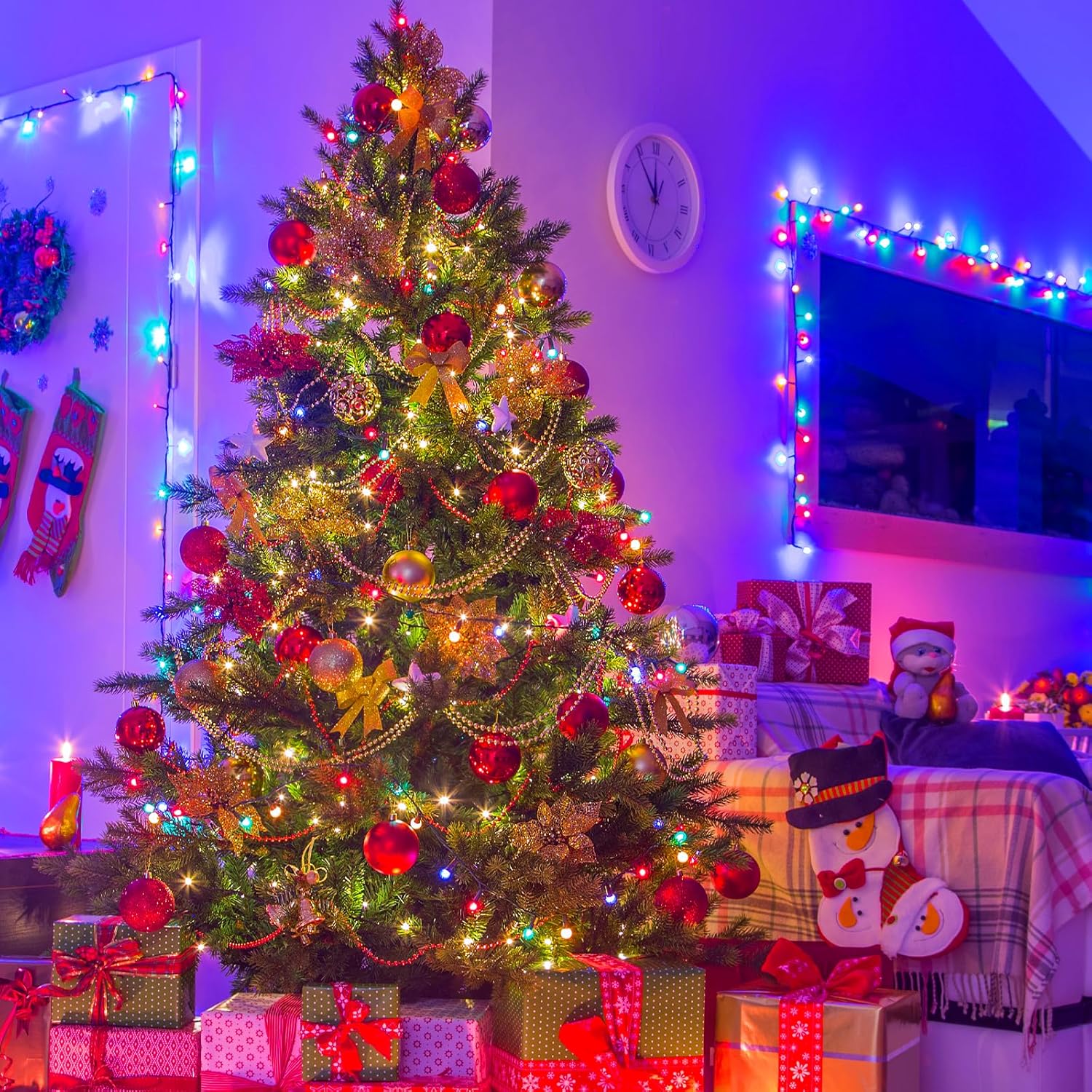 Decorated Christmas tree with lights and ornaments in a living room.