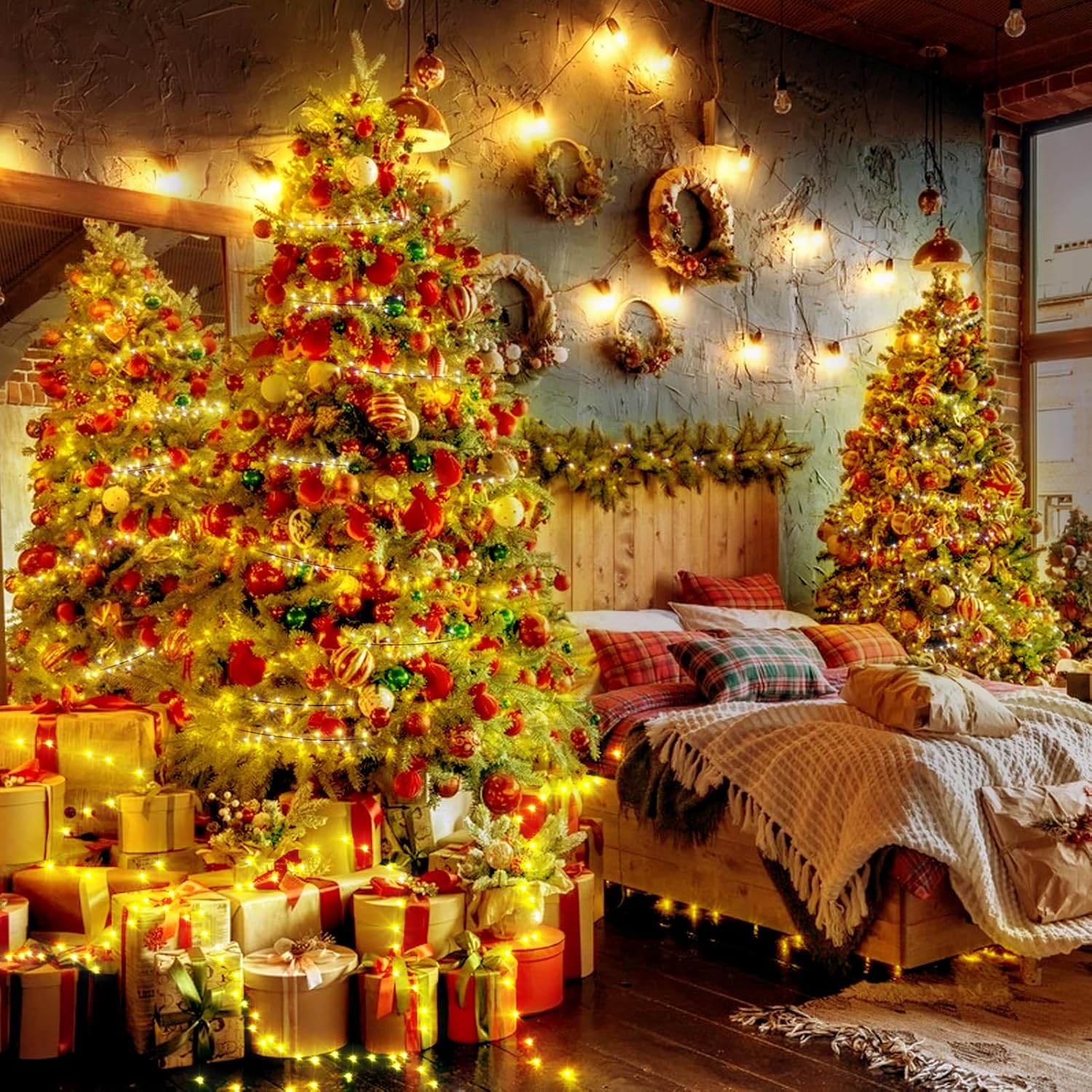 Decorated Christmas tree with lights and presents in a cozy room.