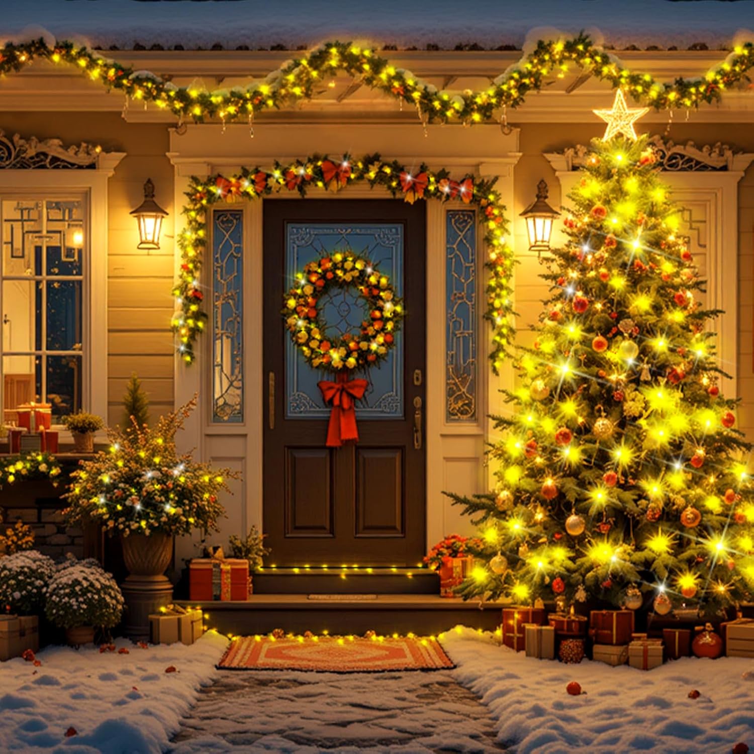 Decorated house entrance with Christmas tree, wreath, and lights on a snowy night.