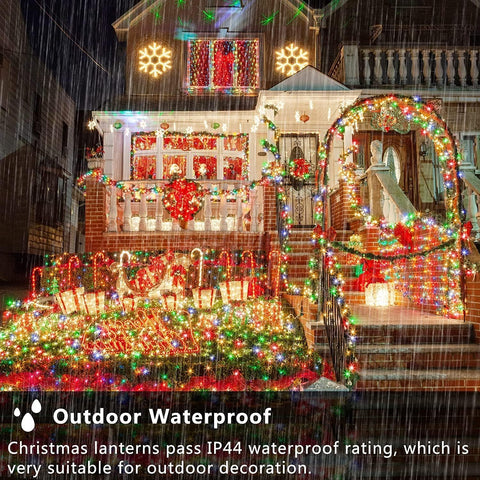 Decorated house with Christmas lights and lanterns at night, featuring outdoor waterproof Christmas lanterns.