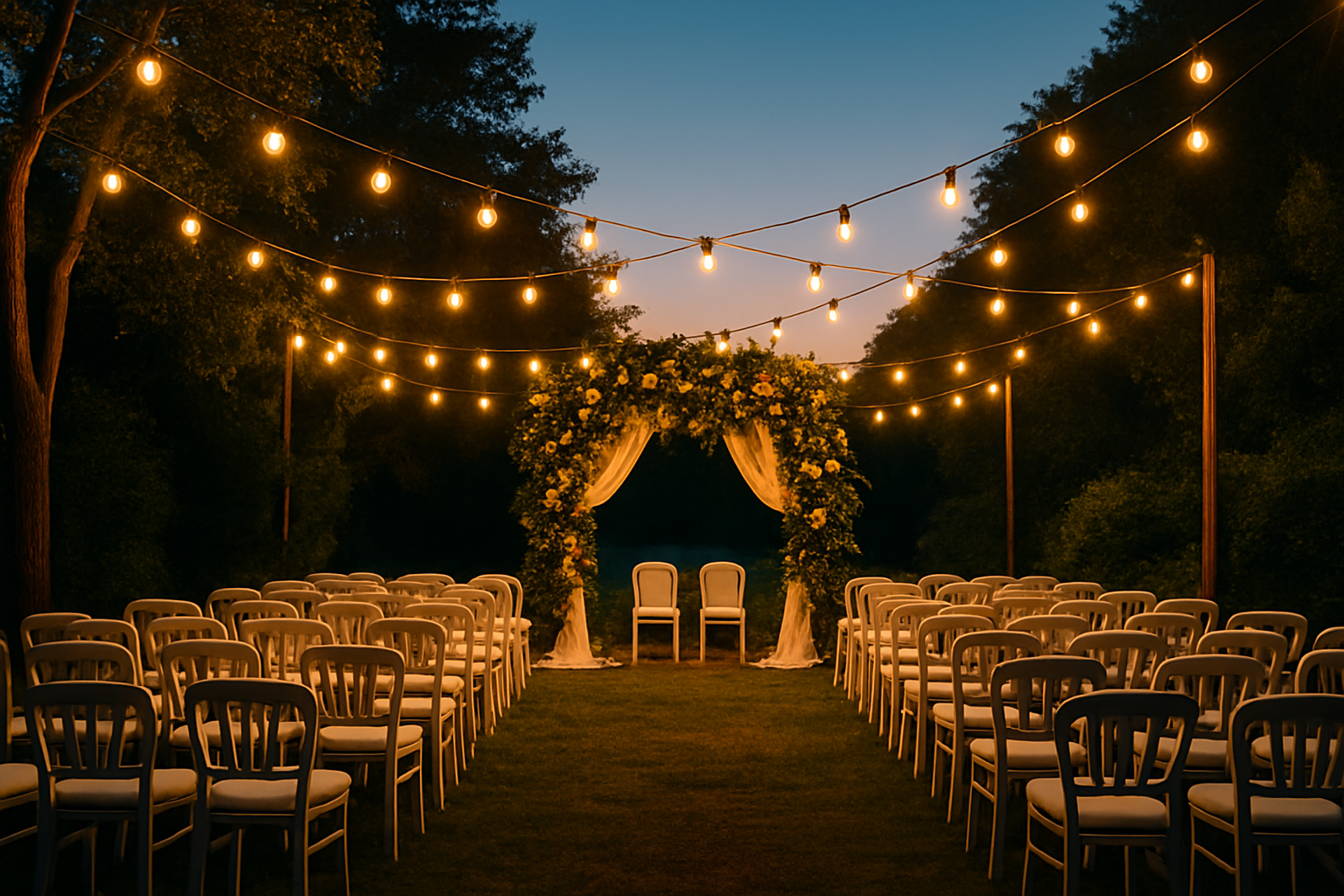 Decorated outdoor wedding venue with string lights and floral arch at night.