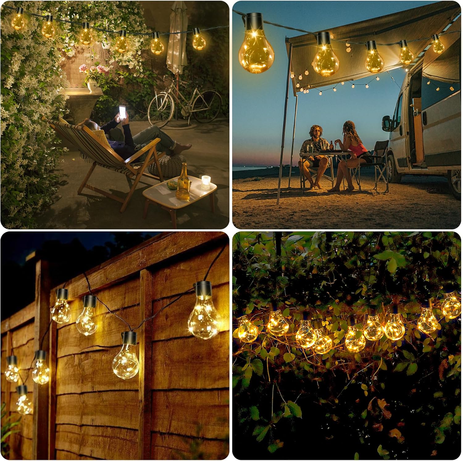 Decorative LED bulbs glowing softly in evening garden setting
