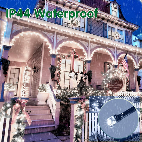 Decorative Christmas lights on a house exterior with 'IP44 Waterproof' text.