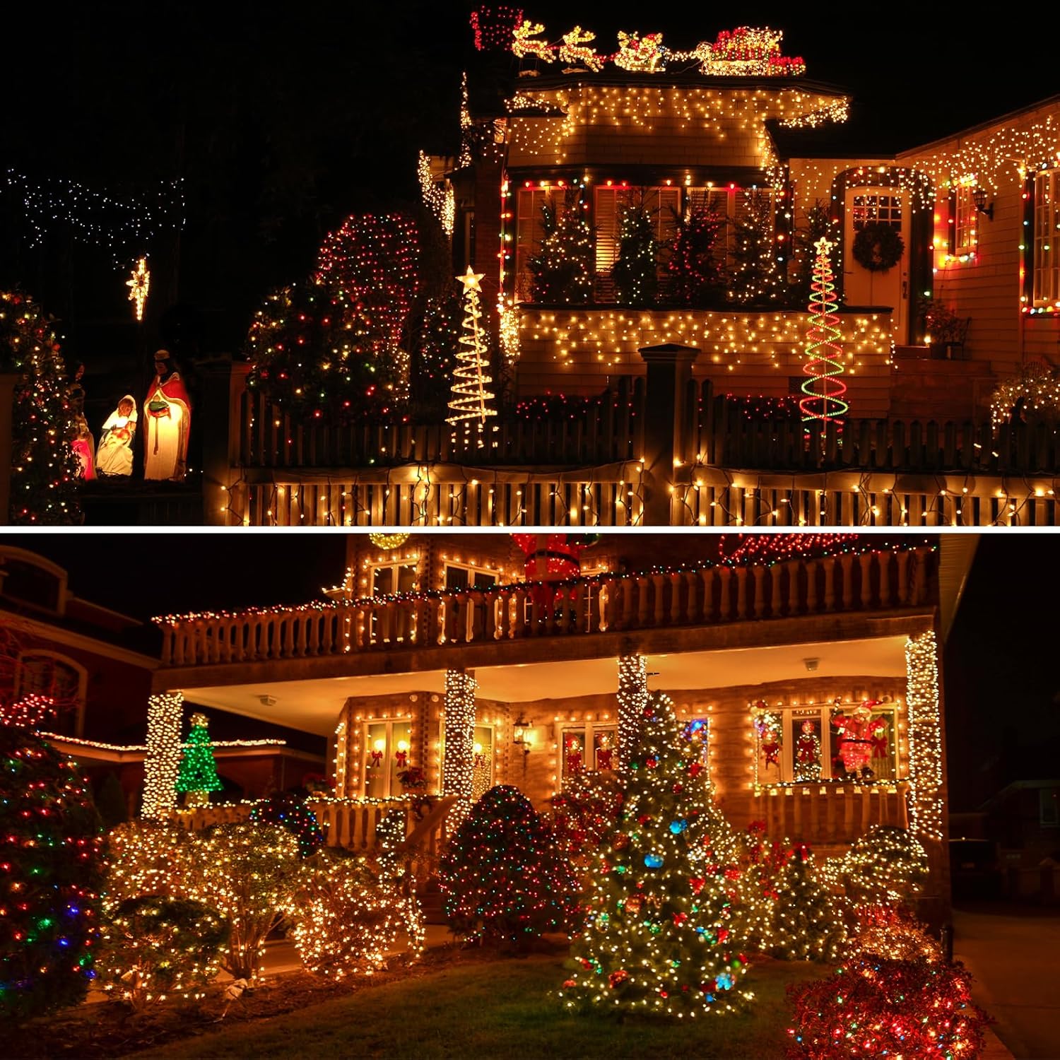 Decorative Christmas lights on a house exterior with trees and figures.