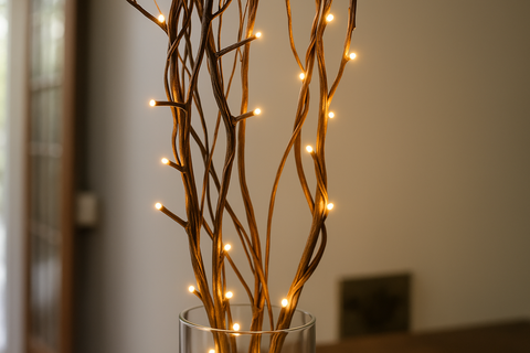 Decorative arrangement of lit branches in a clear vase against a neutral background