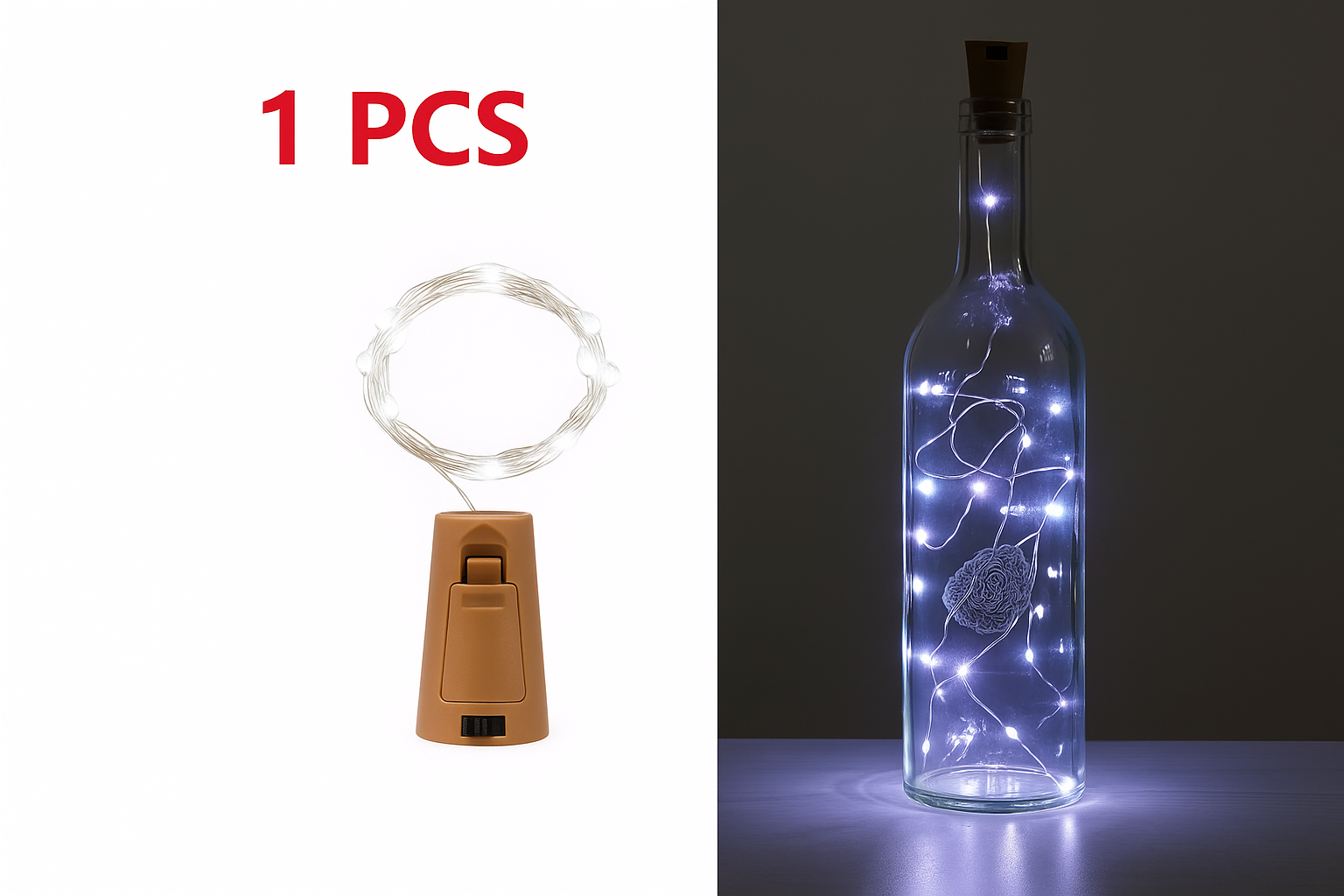 Decorative bottle with LED lights and cork, next to a string of lights on a white background.