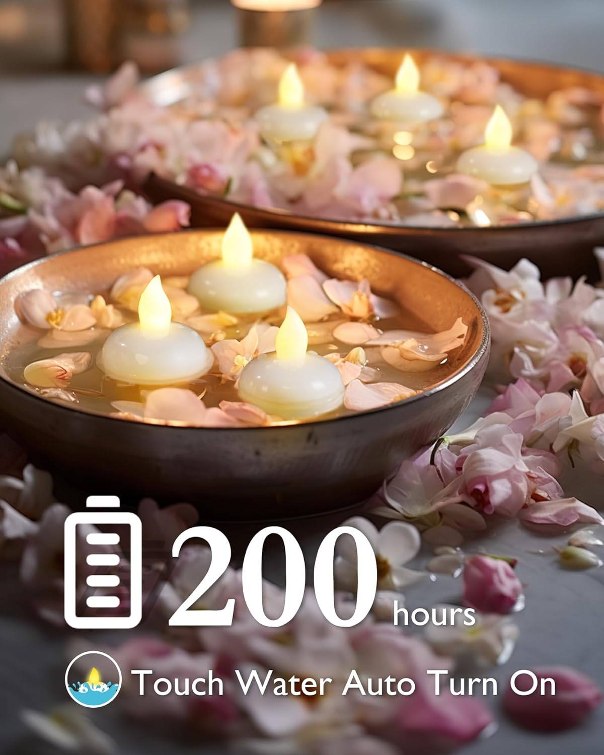Decorative bowls with floating candles and flowers, labeled '200 hours' and 'Touch Water Auto Turn On'.