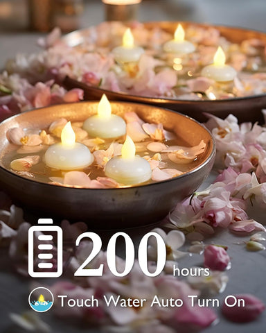 Decorative bowls with floating candles and flowers, labeled '200 hours' and 'Touch Water Auto Turn On'.