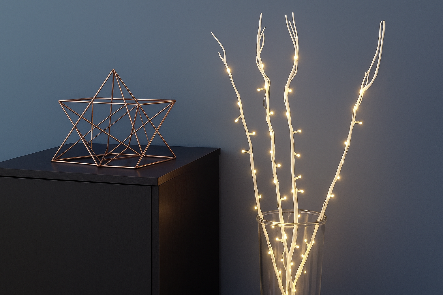 Decorative branches with lights in a glass vase next to a geometric star sculpture on a dark surface.