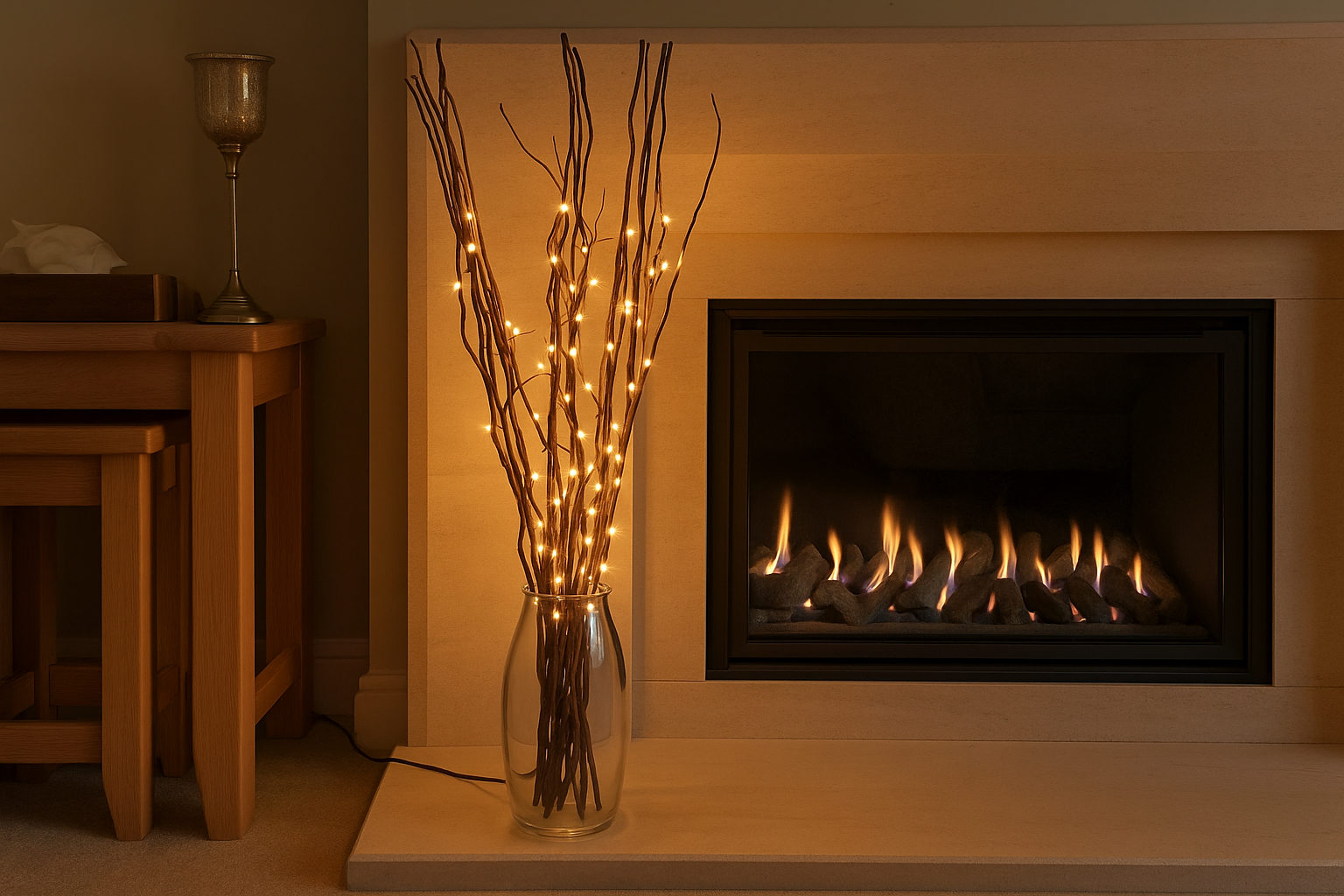 Decorative branches with lights in a vase on a fireplace mantle.