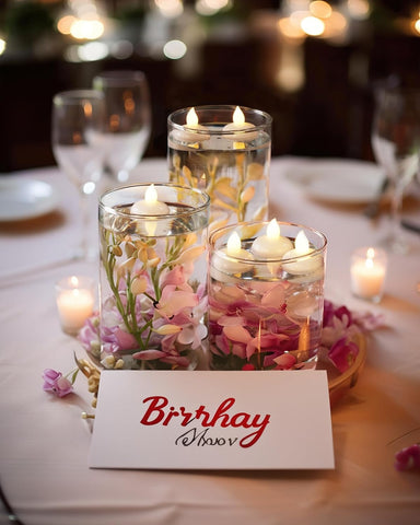 Decorative candles with flowers in glass holders on a table with a 'Birthday Shower' card.