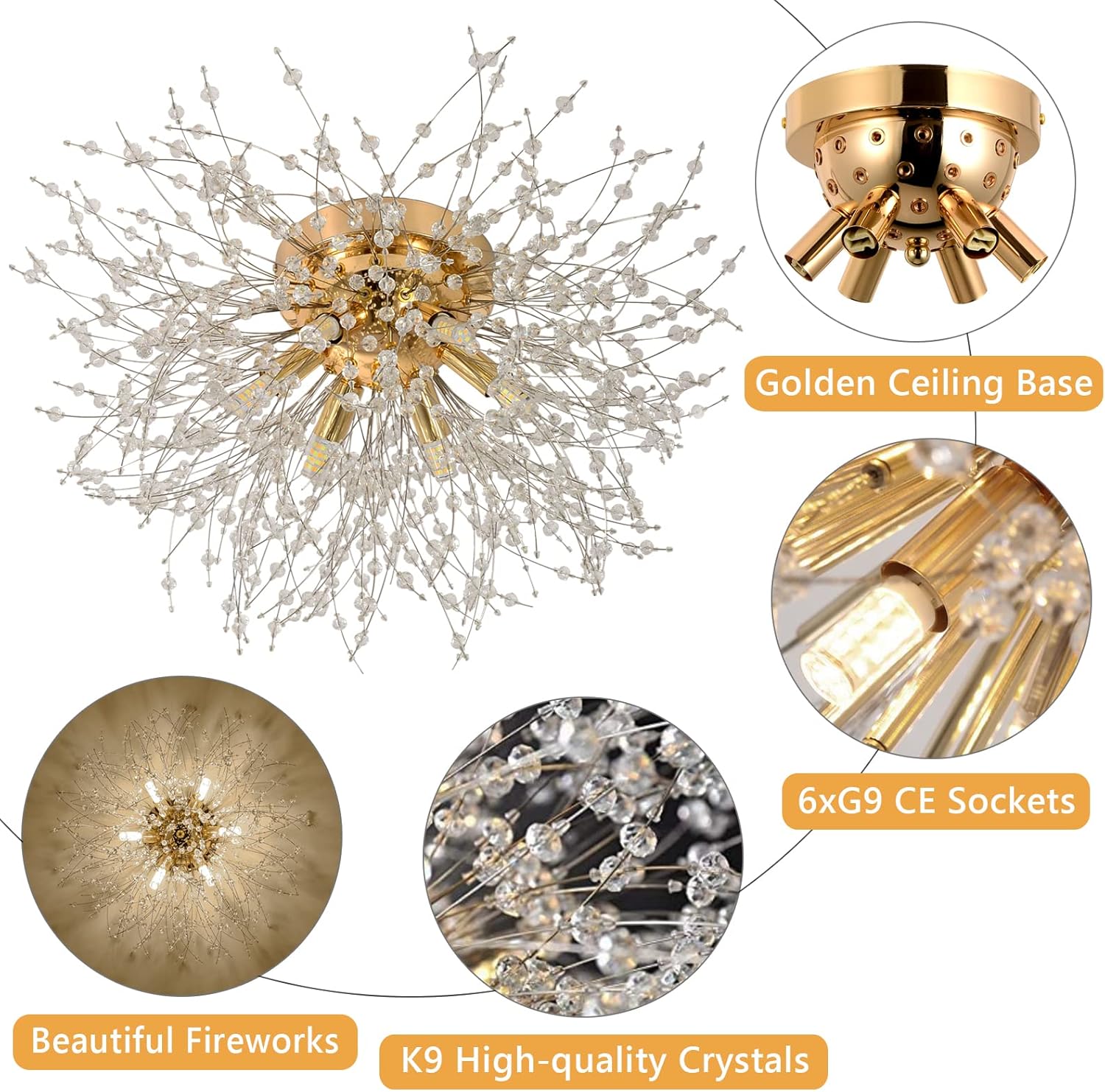 Decorative ceiling light fixture with measurements and bulb compatibility details.