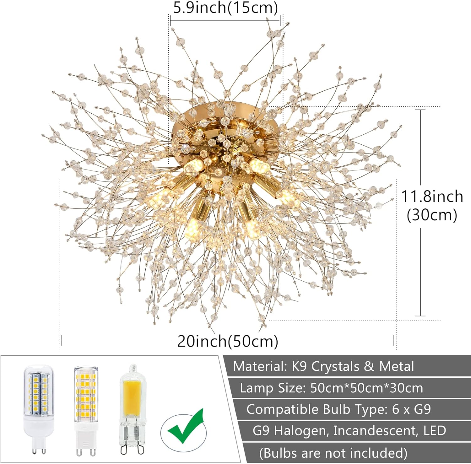 Decorative ceiling light fixture with measurements and bulb compatibility details.