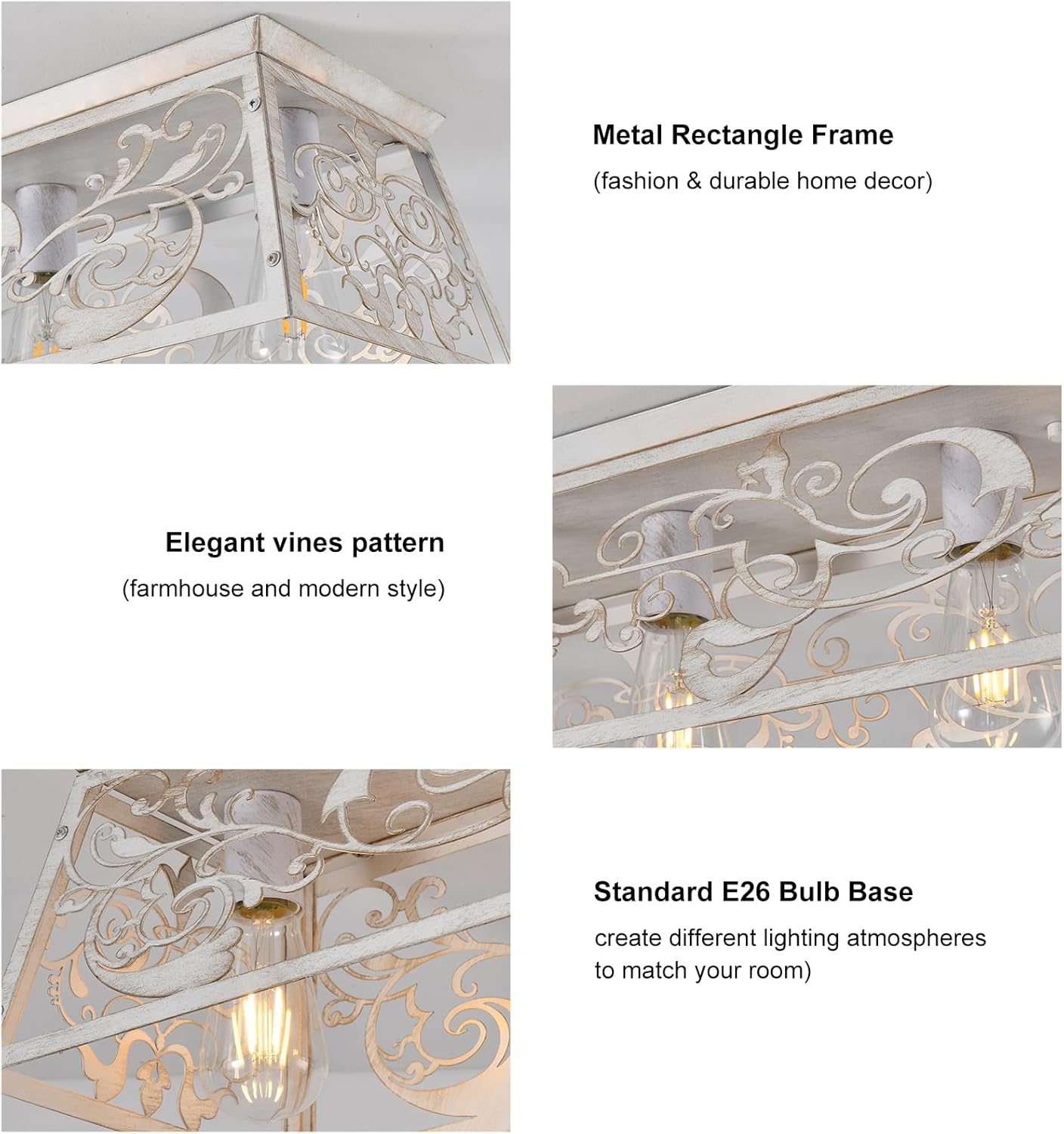 Decorative ceiling light fixture with metal frame and vine pattern, featuring text on frame design, bulb base, and style.