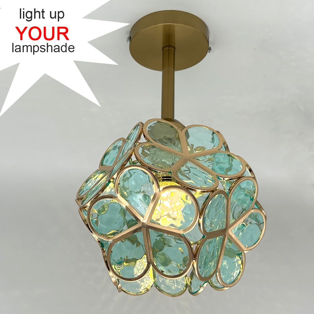 Decorative ceiling light fixture with turquoise glass and gold frame on a white background.