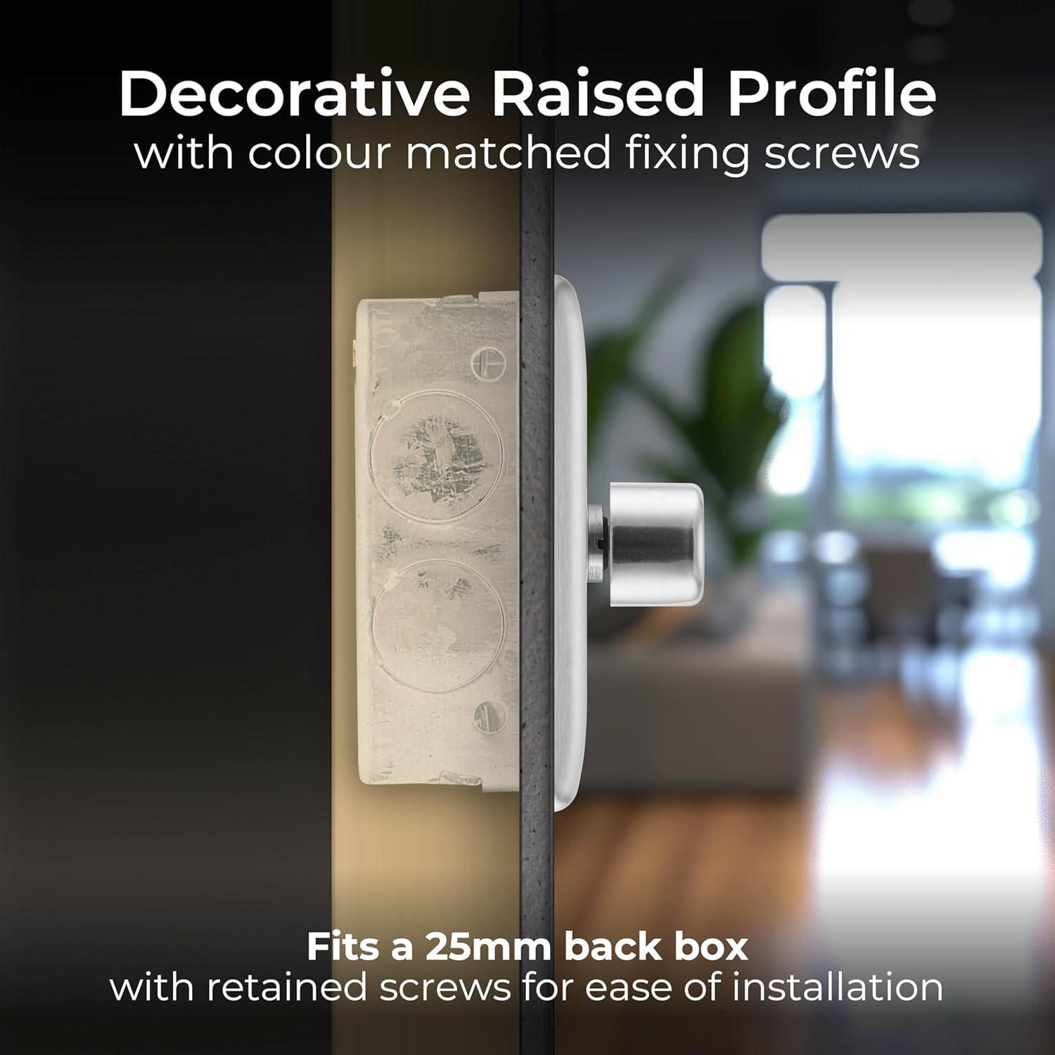 Decorative door handle with raised profile and matching screws, blurred background of a room.