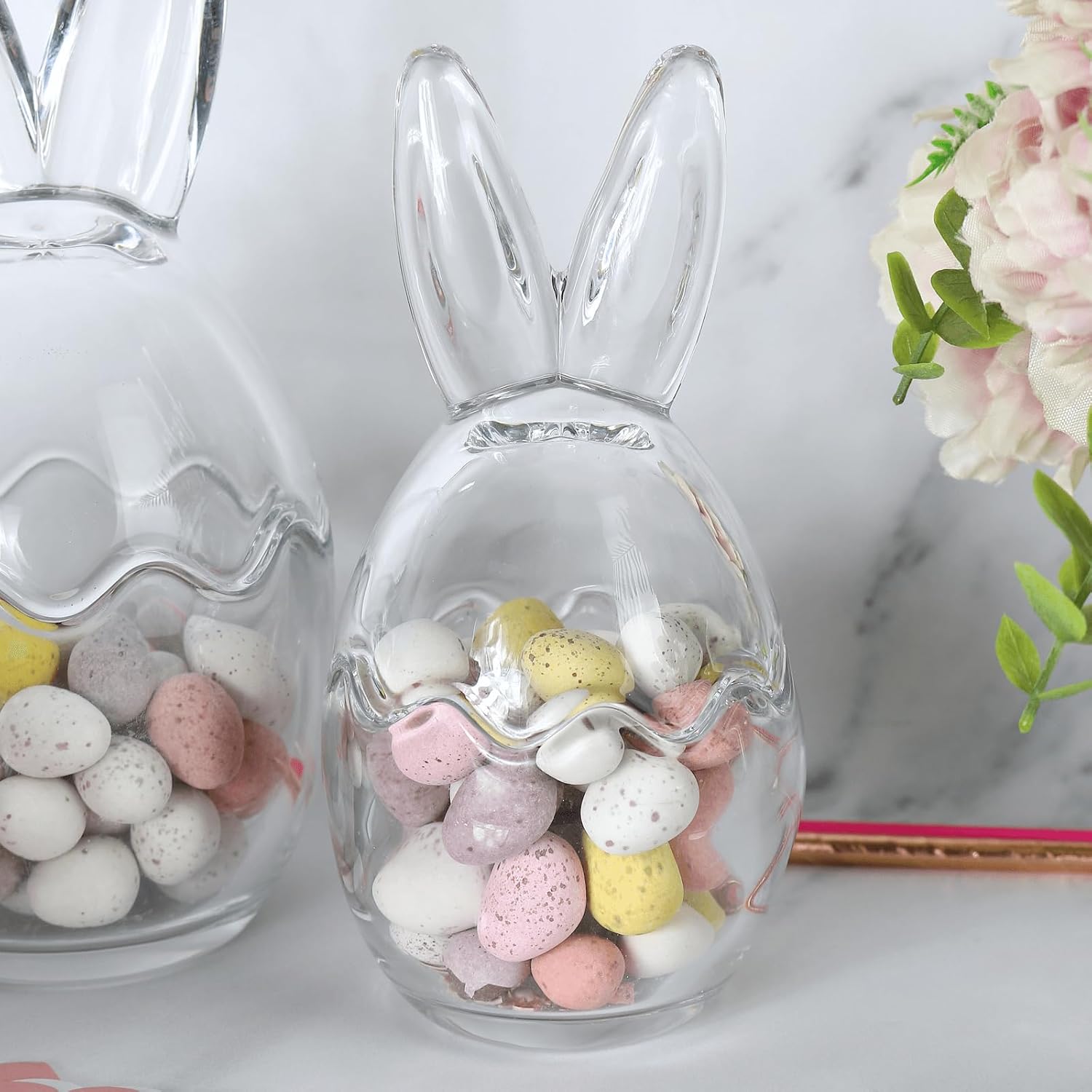 Decorative glass bunny jars spring home décor