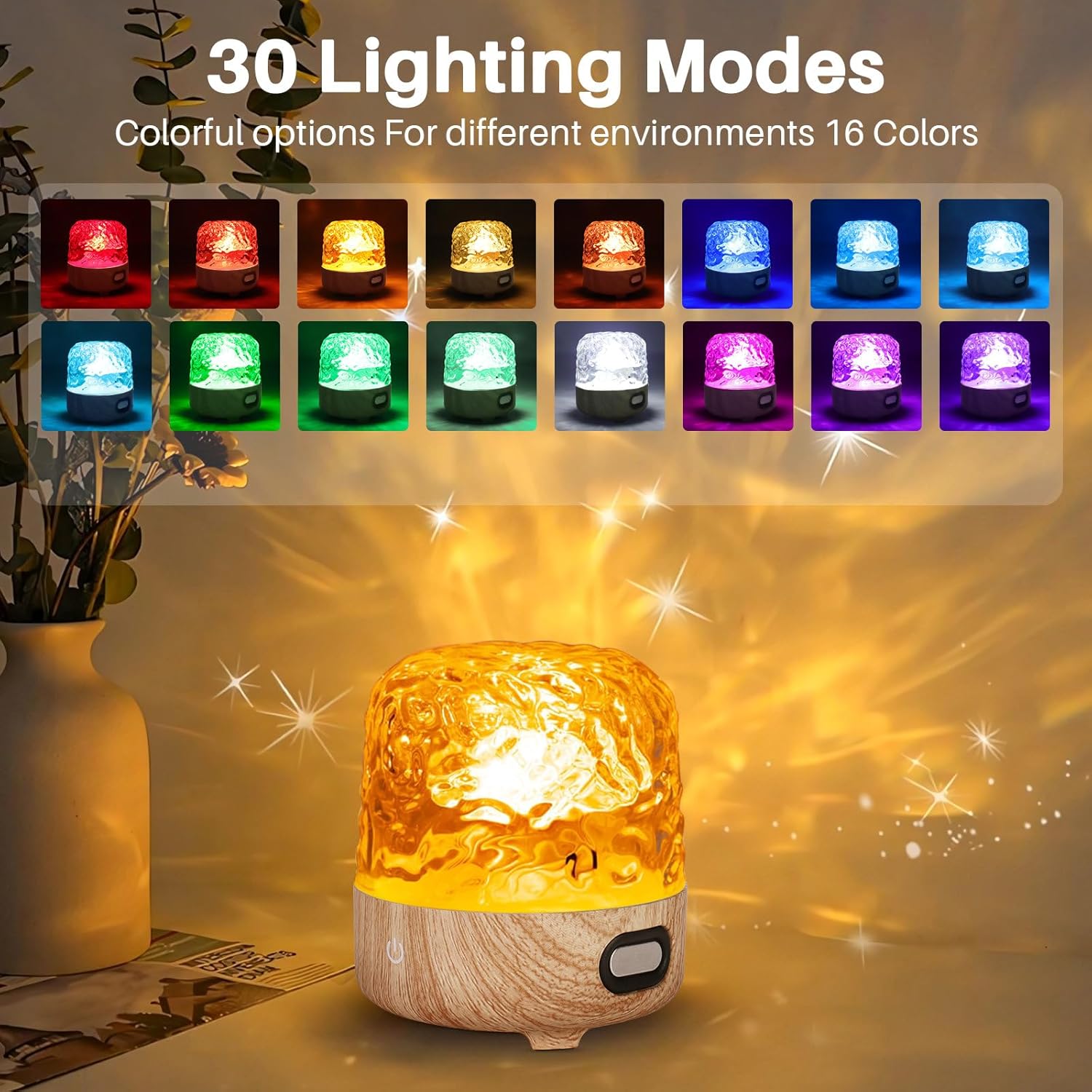 Decorative lamp with 30 lighting modes and 16 color options on a soft focus background.