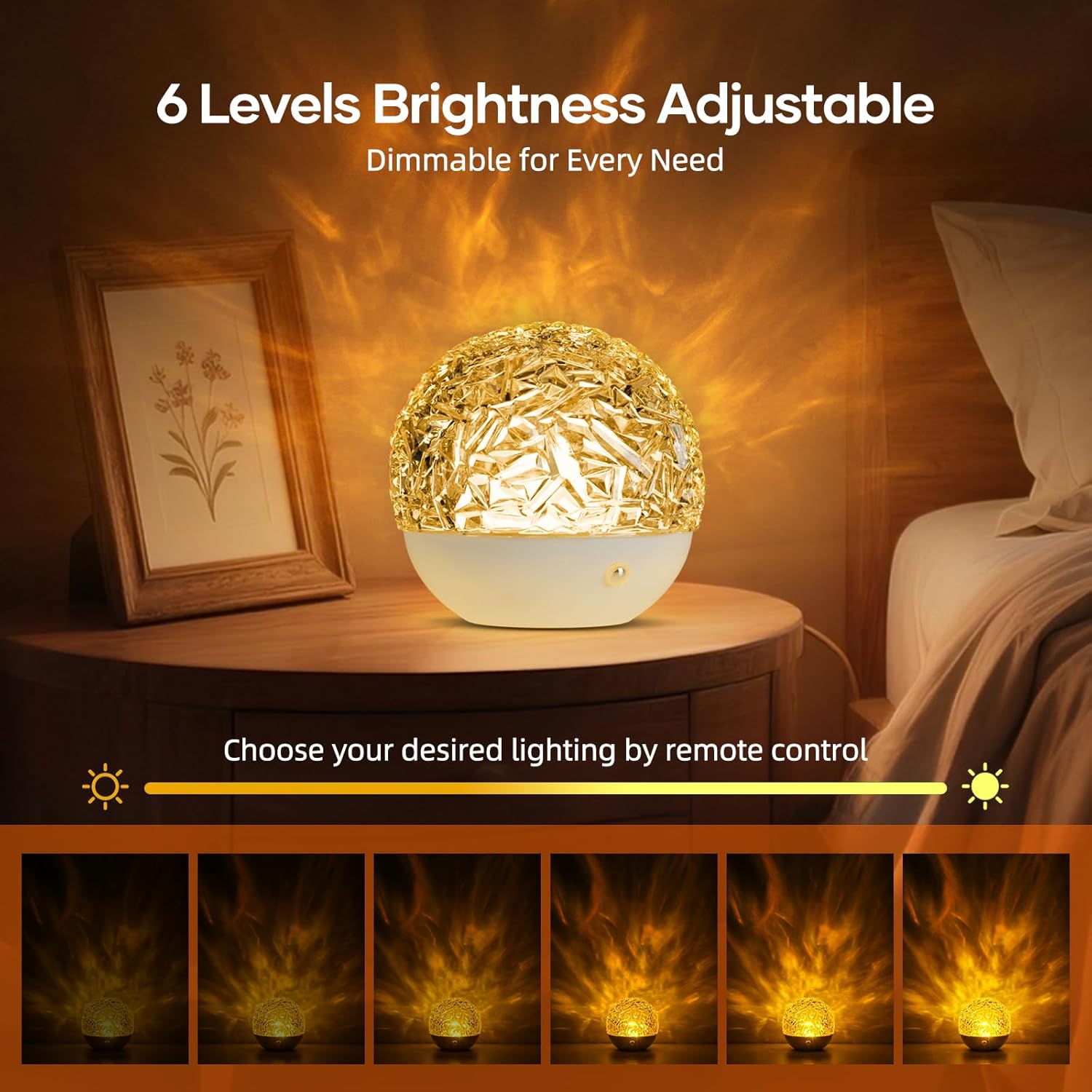 Decorative lamp with adjustable brightness on a bedside table, surrounded by warm lighting.