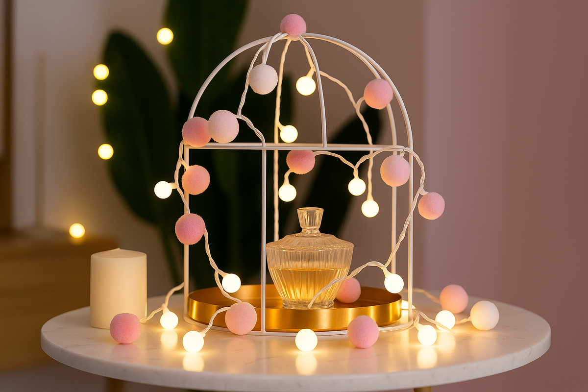 Decorative lamp with fairy lights and a candle on a table