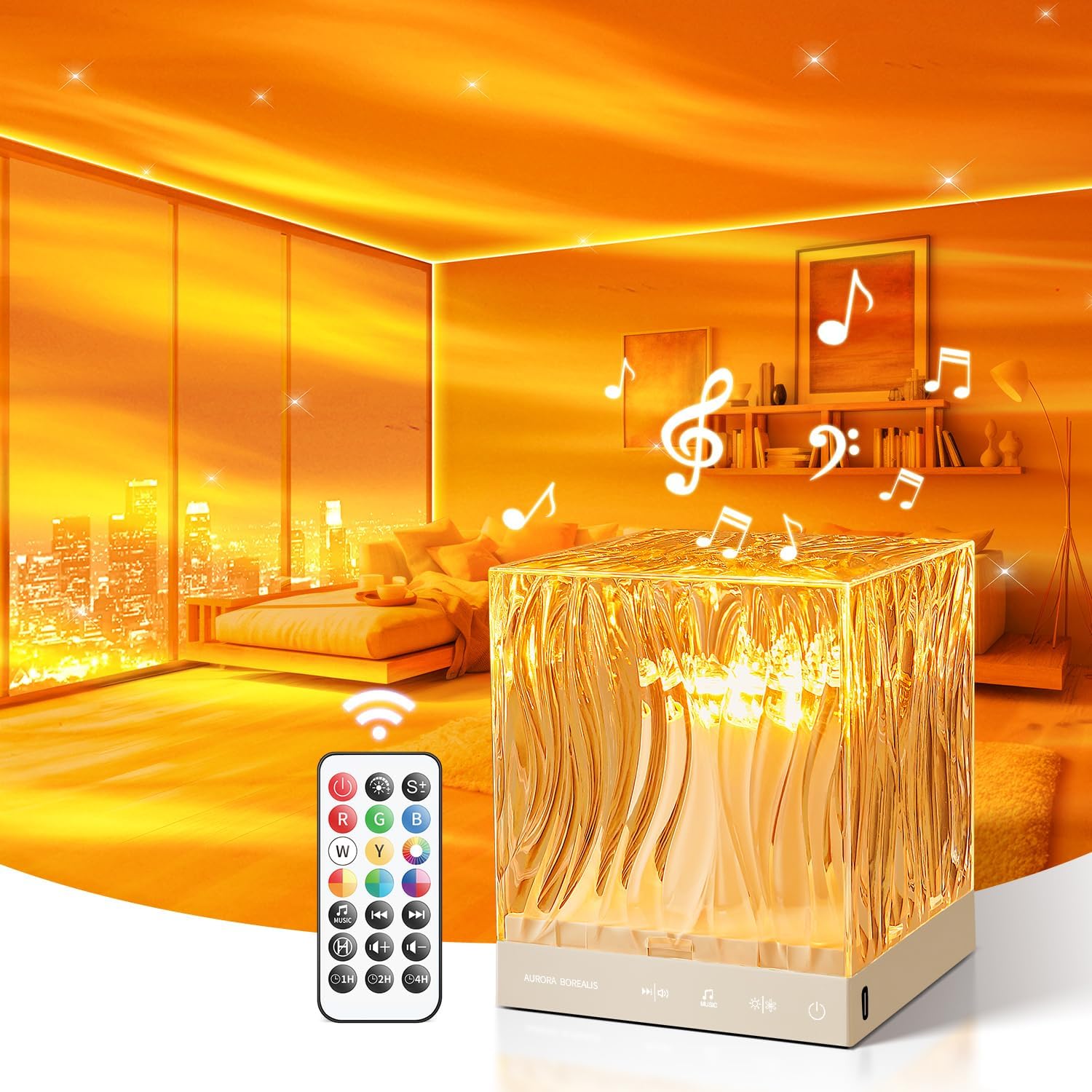 Decorative lamp with remote control in a room with orange lighting