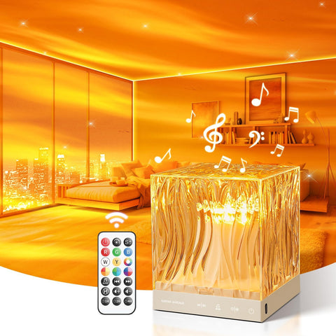Decorative lamp with remote control in a room with orange lighting