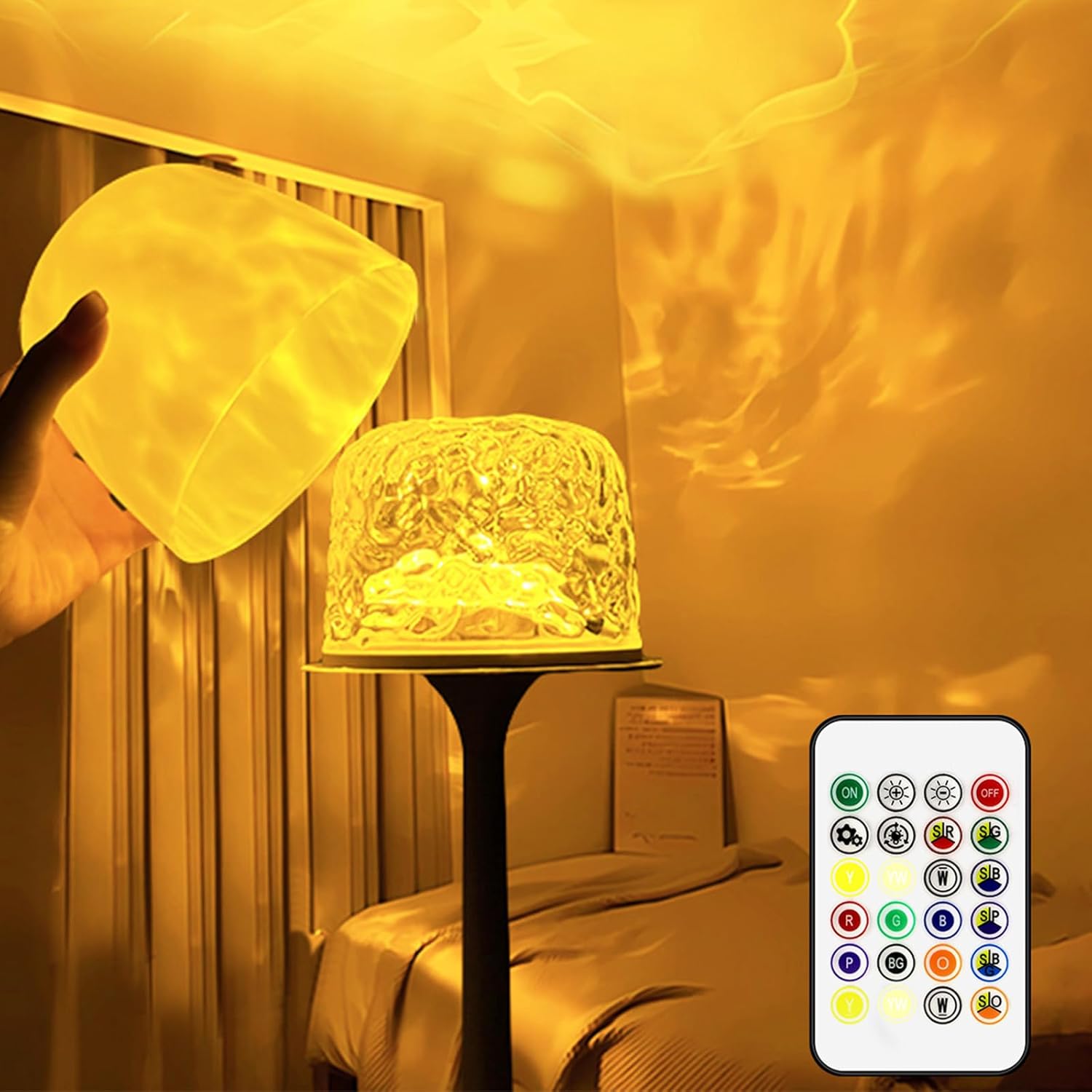 Decorative lamp with remote control in a warm, cozy setting